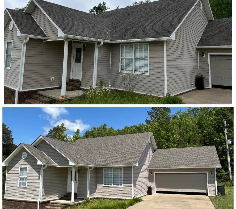 Side-by-side comparison of two angles of a modern, single-story house with a garage.